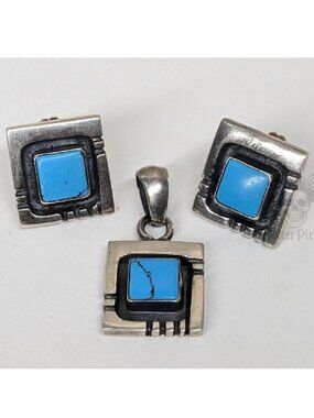 Southwestern Sterling Silver Turquoise  1/2" Square Earring and Pendant Set